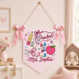 Custom Gingham School Pennant Personalized Grade Classroom Wall Hanging With Ribbon