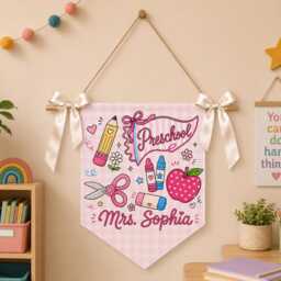 Custom Gingham School Pennant Personalized Grade Classroom Wall Hanging With Ribbon - thumbnail 2