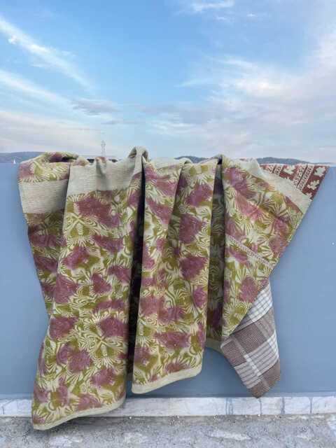 Handmade Cotton Kantha Quilt - Colorful Block Print Patchwork Blanket - image 1