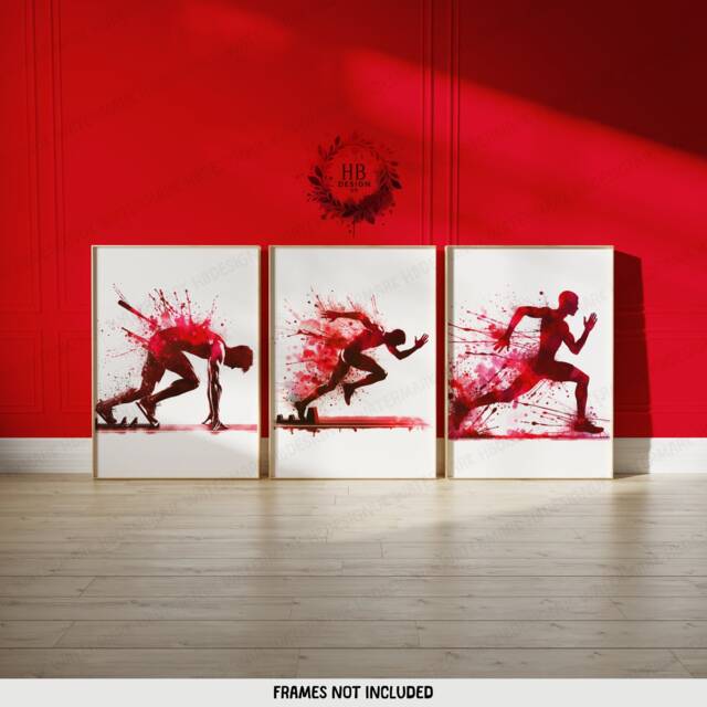 Red Athletics Print Set - Of 3 Runner Posters - Sprinter Art Painting Decoration Decor Running Wall Poster Gifts Gift - image 1