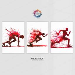 Red Athletics Print Set - Of 3 Runner Posters - Sprinter Art Painting Decoration Decor Running Wall Poster Gifts Gift - thumbnail 2