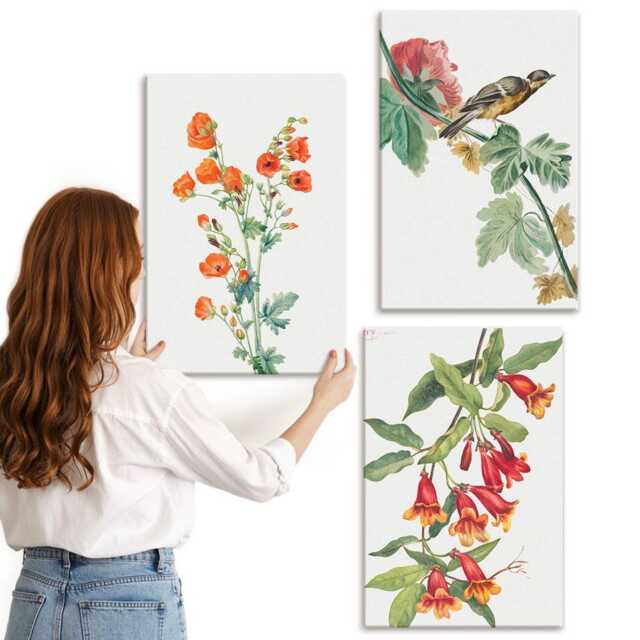 Canvas Set Of 3 - Painted Retro Flowers & A Bird On Branch, Orange Large Wall Art, Plants Hanging Piece - image 1