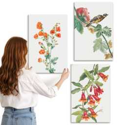 Canvas Set Of 3 - Painted Retro Flowers & A Bird On Branch, Orange Large Wall Art, Plants Hanging Piece - thumbnail 1