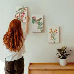 Canvas Set Of 3 - Painted Retro Flowers & A Bird On Branch, Orange Large Wall Art, Plants Hanging Piece - thumbnail 3
