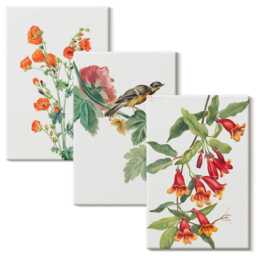 Canvas Set Of 3 - Painted Retro Flowers & A Bird On Branch, Orange Large Wall Art, Plants Hanging Piece - thumbnail 2