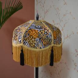 Hand-Stitched Leopard Print Lampshade Victorian Style With Rayon Fringe - thumbnail 2
