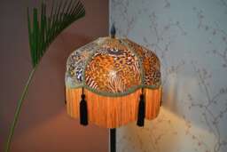 Hand-Stitched Leopard Print Lampshade Victorian Style With Rayon Fringe