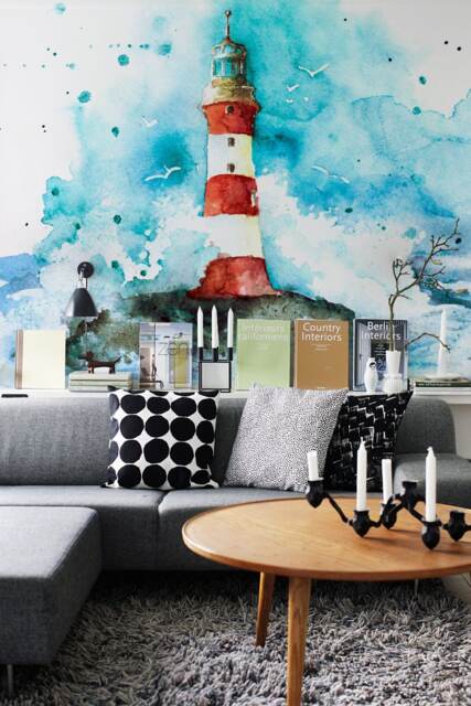 Lighthouse Watercolor Removable Wallpaper, Wall Decor, Self Adhesive, Peel & Stick, Repositionable, Covering, Mural #75 - image 1