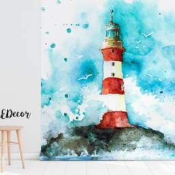 Lighthouse Watercolor Removable Wallpaper, Wall Decor, Self Adhesive, Peel & Stick, Repositionable, Covering, Mural #75 - thumbnail 2