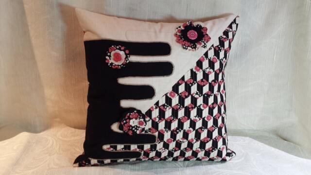 Art Pillow, Black, Creme & Rose, With Woven Cotton Fabrics & Raw-Edge Flowers - image 1
