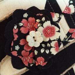 Art Pillow, Black, Creme & Rose, With Woven Cotton Fabrics & Raw-Edge Flowers - thumbnail 3