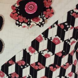 Art Pillow, Black, Creme & Rose, With Woven Cotton Fabrics & Raw-Edge Flowers - thumbnail 2