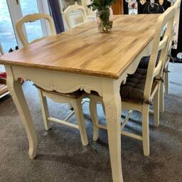 Sold Wooden Large Dining Table & Four Chairs. Cream & Wood Elegant Ornate Shabby Chic Style. 4 Or 6 Seater - thumbnail 3