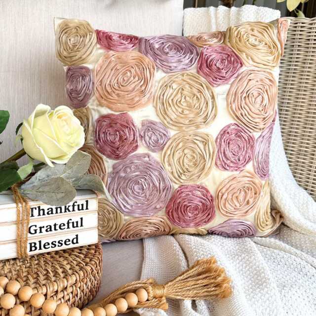 "Pink, Orange & Purple Satin Ribbon Embroidered Rose Decorative Throw Pillow Cover, 16""x16" - image 1