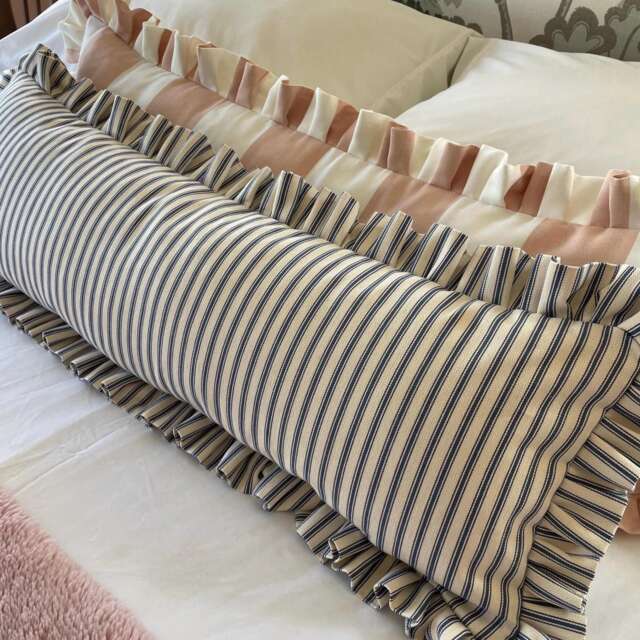 Handmade Blue Ticking Stripe Lumbar Cushion Cover With Ruffle, Coastal & Cottage Decor - image 1