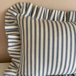 Handmade Blue Ticking Stripe Lumbar Cushion Cover With Ruffle, Coastal & Cottage Decor - thumbnail 3