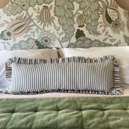 Handmade Blue Ticking Stripe Lumbar Cushion Cover With Ruffle, Coastal & Cottage Decor - thumbnail 2