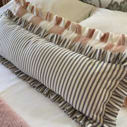 Handmade Blue Ticking Stripe Lumbar Cushion Cover With Ruffle, Coastal & Cottage Decor - thumbnail 1