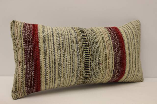 Vintage Wool Kilim Lumbar Pillow Cover, Turkish Throw Cushion - 10x20 - image 1