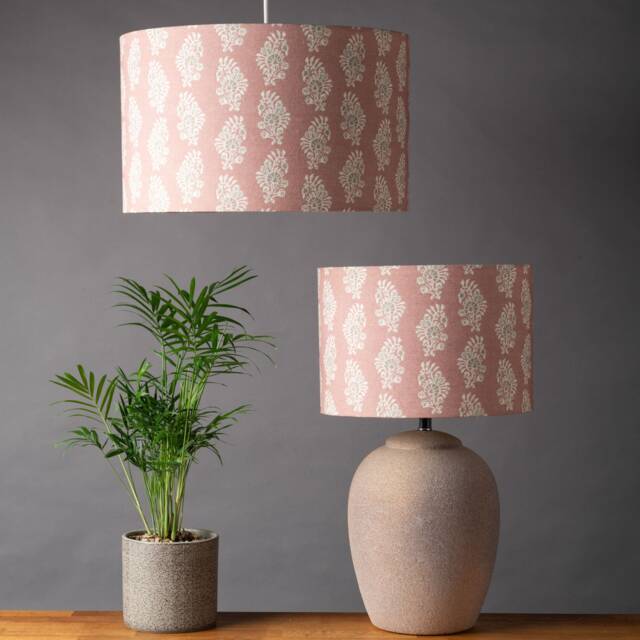 Chatsworth Linen-Blend Lampshade. Dusky Rose Pink Geometric Floral Paisley Cylinder Style Shade. 30cm & 40cm Sizes Available - image 1