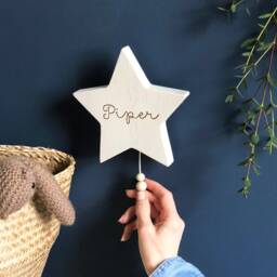 Wooden Musical Star Name Wall Hanging - Pull String Music Box New Baby Or Christening Gift Engraved Solid Oak Worldwide Shipping - thumbnail 1