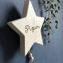Wooden Musical Star Name Wall Hanging - Pull String Music Box New Baby Or Christening Gift Engraved Solid Oak Worldwide Shipping - thumbnail 2