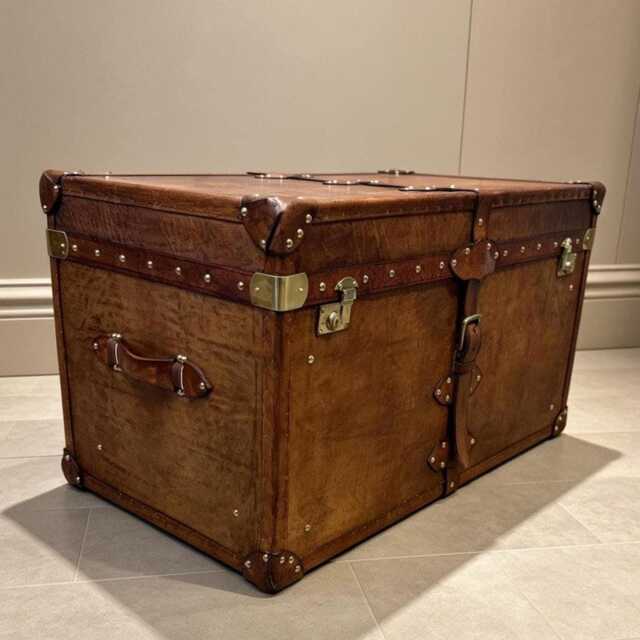 Hand-Dyed Leather Trunk Coffee Table, English Steamer Storage Chest, Bespoke Ottoman - image 1