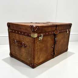 Hand-Dyed Leather Trunk Coffee Table, English Steamer Storage Chest, Bespoke Ottoman - thumbnail 3