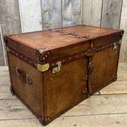 Hand-Dyed Leather Trunk Coffee Table, English Steamer Storage Chest, Bespoke Ottoman - thumbnail 4