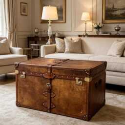 Hand-Dyed Leather Trunk Coffee Table, English Steamer Storage Chest, Bespoke Ottoman - thumbnail 2