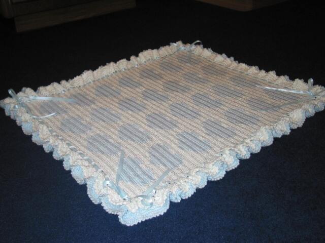 Crocheted Baby Blanket Light Blue & White Afghan With Satin Bows