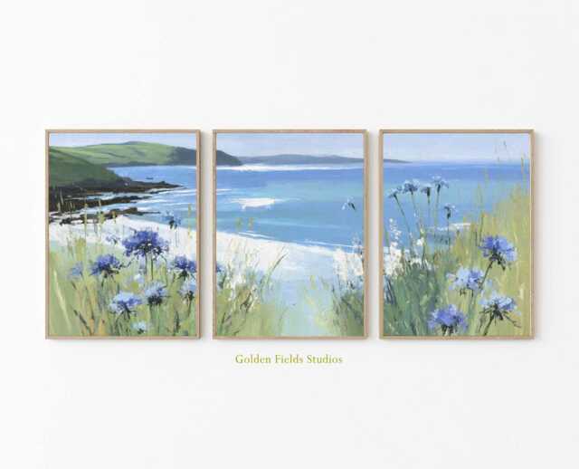 Coastal Landscape Prints Set Seaside Flowers, Blue Ocean View Wall Art - image 1