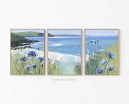 Coastal Landscape Prints Set Seaside Flowers, Blue Ocean View Wall Art - thumbnail 1