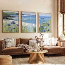 Coastal Landscape Prints Set Seaside Flowers, Blue Ocean View Wall Art - thumbnail 3