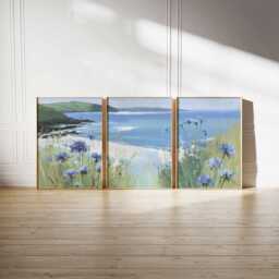 Coastal Landscape Prints Set Seaside Flowers, Blue Ocean View Wall Art - thumbnail 2