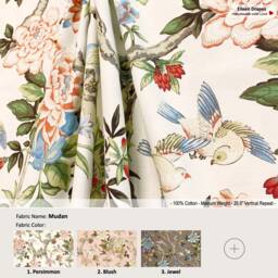 Mudan Jacobean Floral Flower Rose Birds Vintage Beige Cotton Curtain Valance, Pleated, Lined Drapery Panel Offered As Upgrades - thumbnail 1