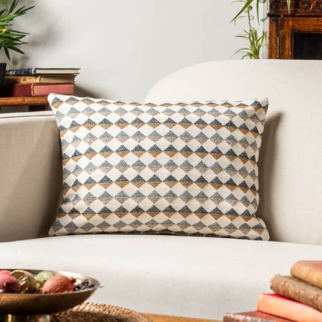 Argyle Boucle Boudoir Cushion Cover in Ochre Yellow & Grey. Modern Geometric Diamond Pattern. Cosy & Tactile Design. 17x12 - image 1