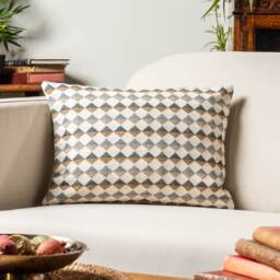 Argyle Boucle Boudoir Cushion Cover in Ochre Yellow & Grey. Modern Geometric Diamond Pattern. Cosy & Tactile Design. 17x12 - thumbnail 1