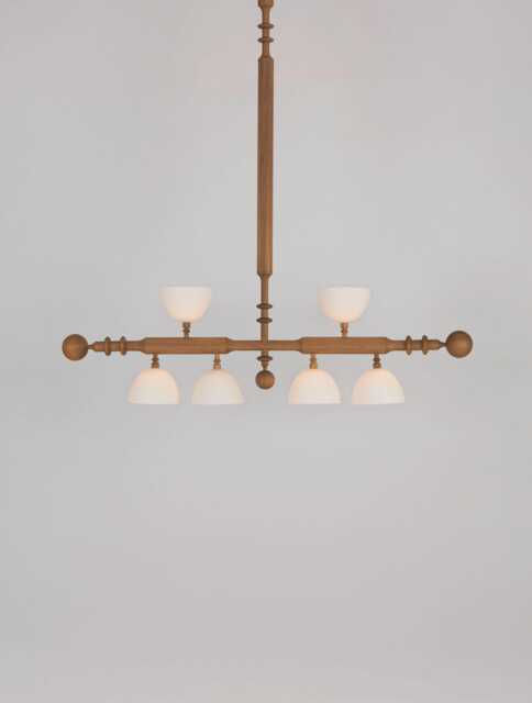 1950S Mid-Century Modern Wooden Chandelier - 6-Light Pendant Ceiling Fixture With Frosted Glass Shades, Italian Sputnik Style Lighting - image 1