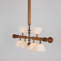 1950S Mid-Century Modern Wooden Chandelier - 6-Light Pendant Ceiling Fixture With Frosted Glass Shades, Italian Sputnik Style Lighting - thumbnail 2