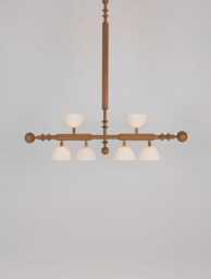 1950S Mid-Century Modern Wooden Chandelier - 6-Light Pendant Ceiling Fixture With Frosted Glass Shades, Italian Sputnik Style Lighting - thumbnail 1