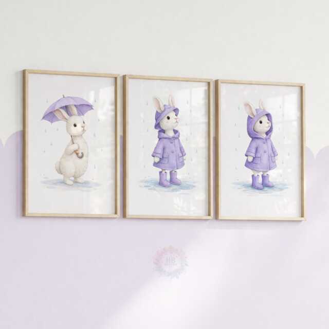 Rabbit Nursery Prints - Set Of 3 Purple Bunny Girls Wall Art, Girl Animal Decor - image 1