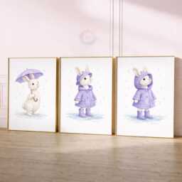 Rabbit Nursery Prints - Set Of 3 Purple Bunny Girls Wall Art, Girl Animal Decor - thumbnail 2