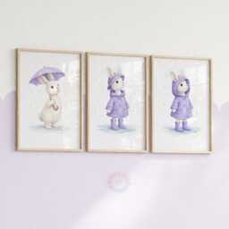 Rabbit Nursery Prints - Set Of 3 Purple Bunny Girls Wall Art, Girl Animal Decor