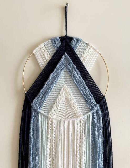 Blue & White Yarn Hoop Wall Hanging, Modern Boho Decor - image 1