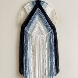 Blue & White Yarn Hoop Wall Hanging, Modern Boho Decor - thumbnail 2