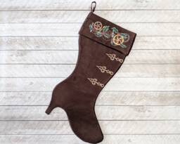 Steampunk Christmas Stocking Embroidered High Heel Boot, Brown Faux Silk