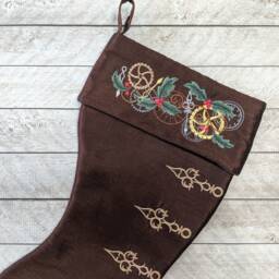 Steampunk Christmas Stocking Embroidered High Heel Boot, Brown Faux Silk - thumbnail 3