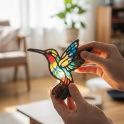 Hummingbird Night Light, Colorful Wood & Acrylic Suncatcher, Light Plug In, Little Bird Room Decor - thumbnail 3