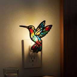 Hummingbird Night Light, Colorful Wood & Acrylic Suncatcher, Light Plug In, Little Bird Room Decor